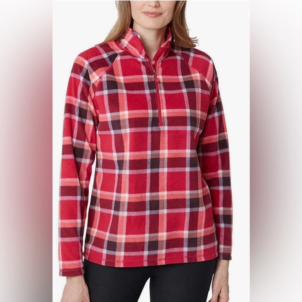 EDDIE BAUER NWOT WOMEN’S SOFT 1/4 ZIP FLEECE PULLOVER IN DARK BERRY PLAID SZ S